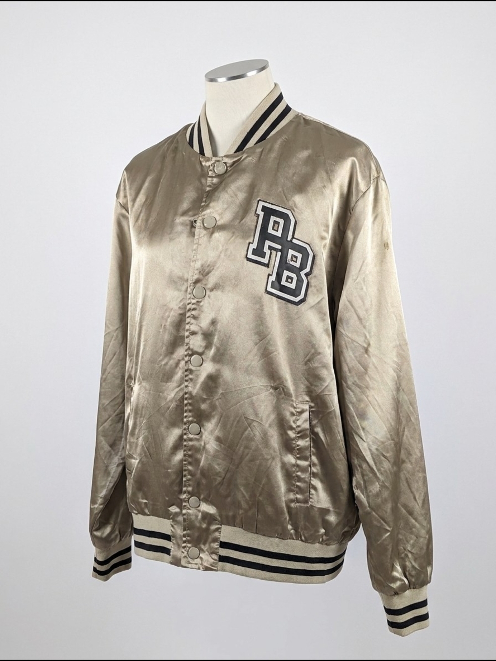 Playboy Satin Bomber Jacket Women's Medium Champagne Gold Varsity Snap Front